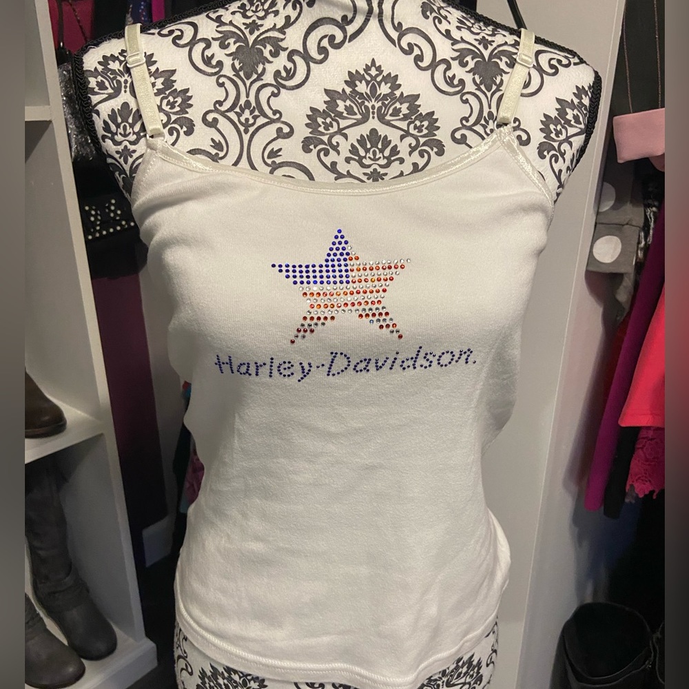 Harley Davidson Red White Blue Star Rhinestone Tank Top Myrtle Beach Large